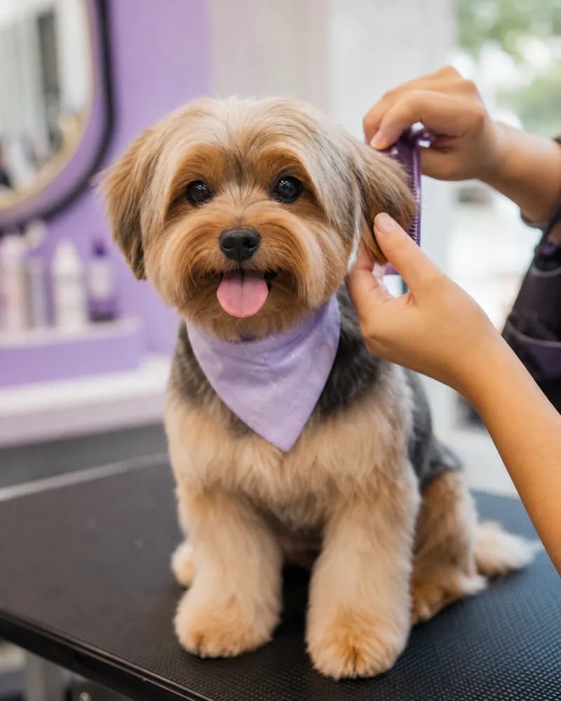 Estilista de mascotas dando un acabado a un perro pequeño