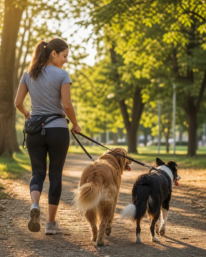 Paseador de perros con varias mascotas en el parque