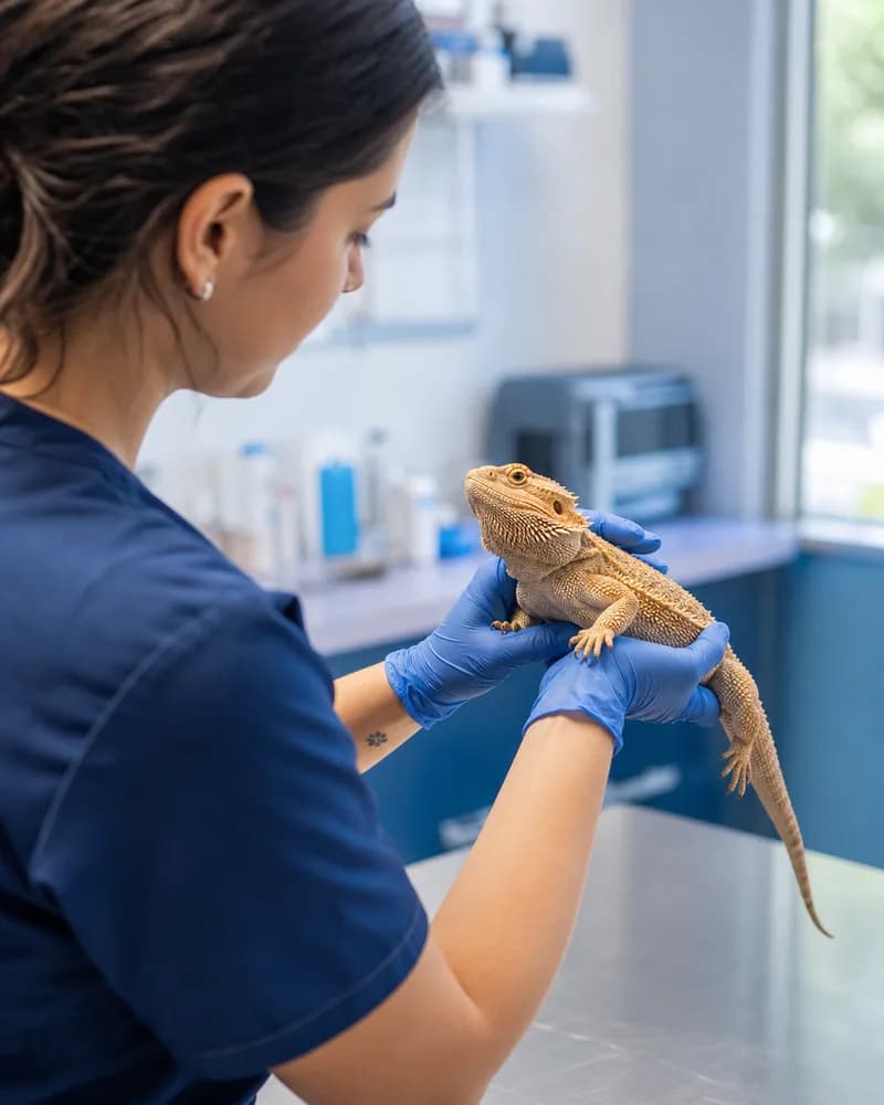 Veterinario examinando a una mascota exótica (reptil) en consulta