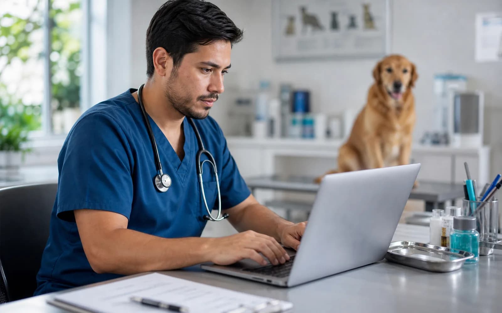 Veterinario revisando el expediente digital de un paciente en una laptop en la clínica