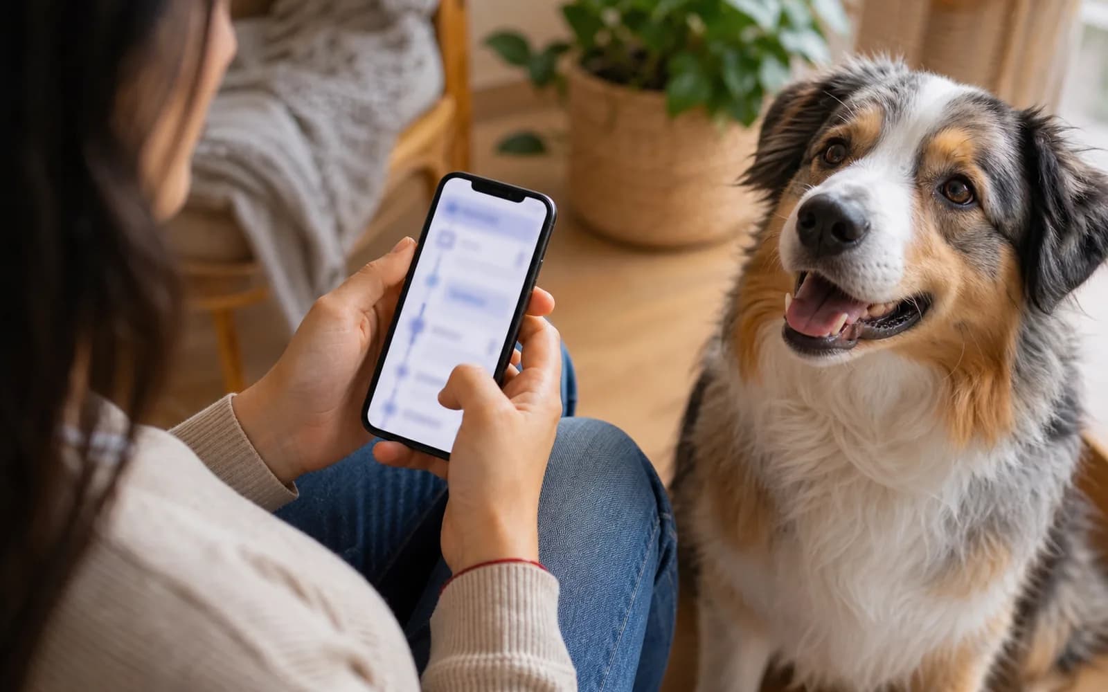 Dueño con el expediente médico portátil de su mascota en el teléfono junto a su perro