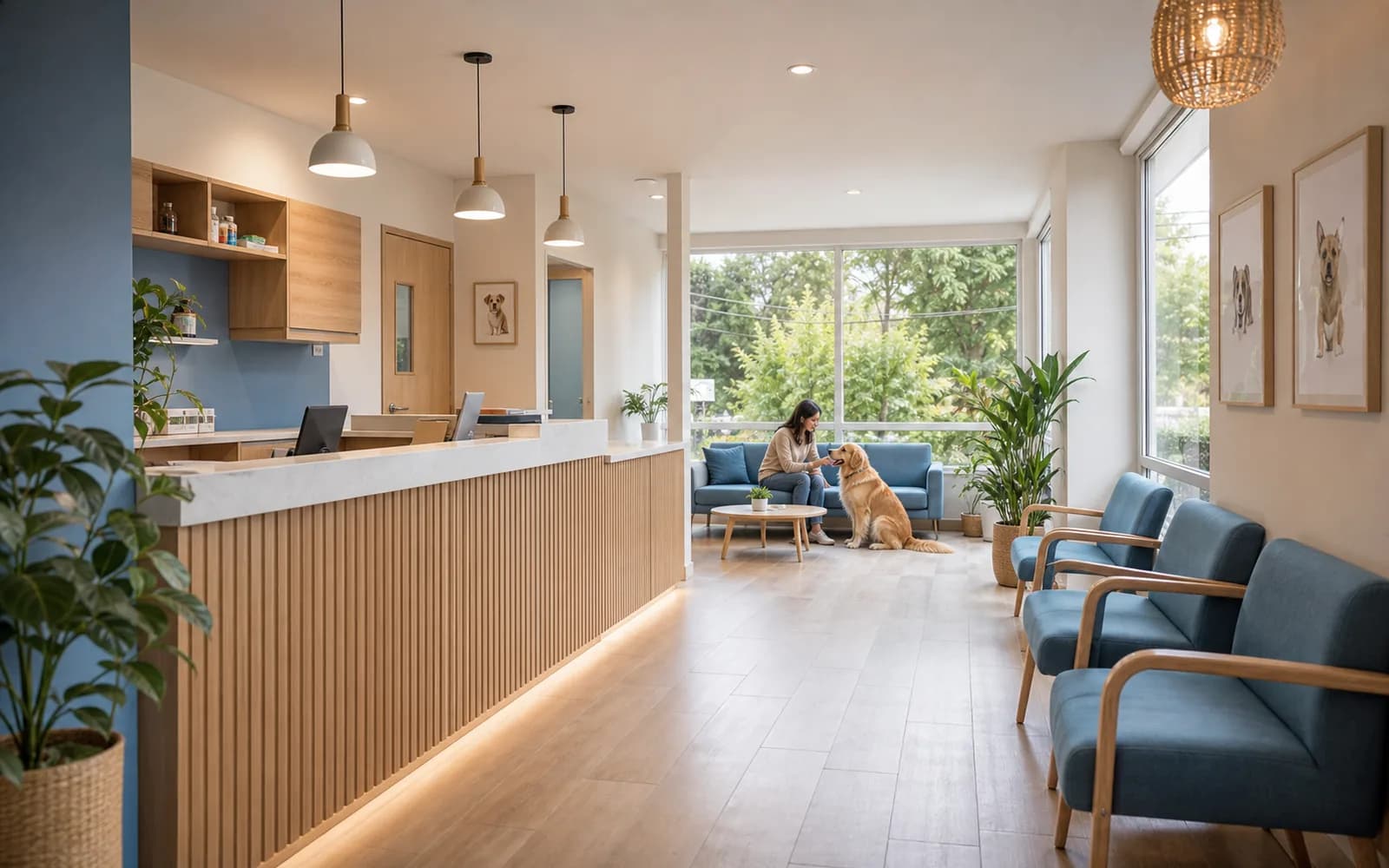 Recepción luminosa y moderna de una clínica veterinaria
